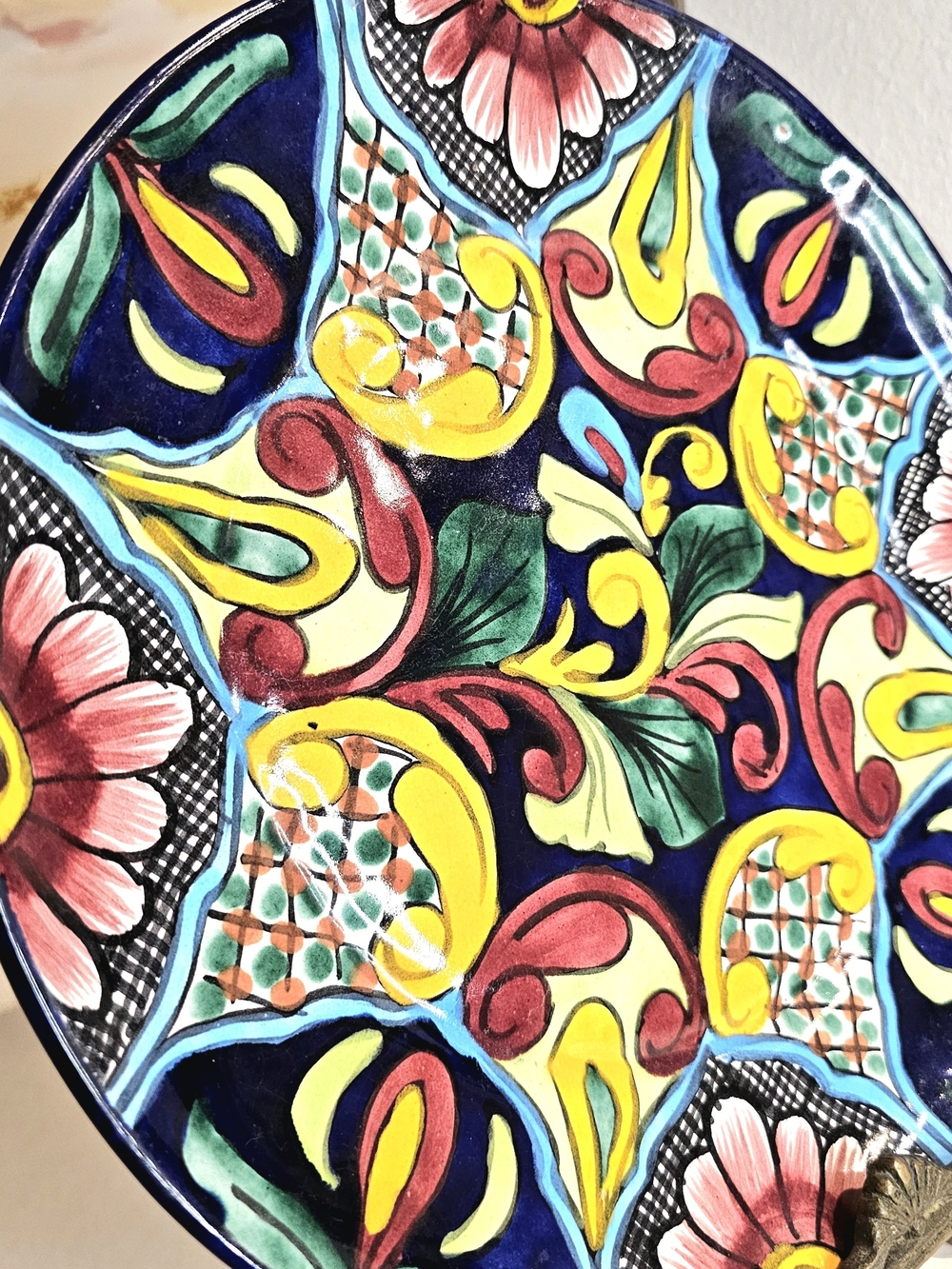 Hand-Painted Multicolor Talevera Pottery Wall Art Plate Vibrant Floral Platter
